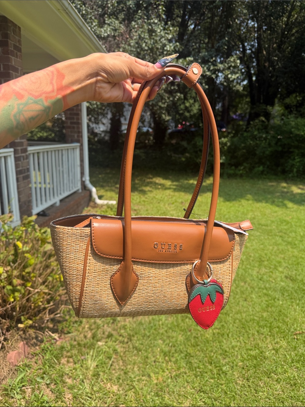 GUESS Tan Straw Shoulder Bag with Brown Leather Trim and Strawberry Charm